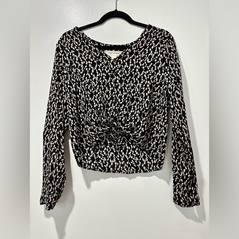 Cloth & Stone Womens Black and Tan Front Tie Flowy Top Blouse Size S EUC